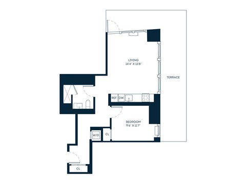 Floor plan for 1 bed, 1 bath, 657 sqft